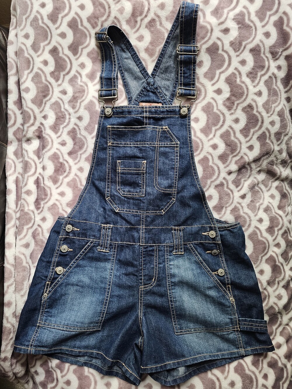 Vintage Y2k 90's Denim Shortalls Overalls Dark Wash Cute Stitch & Unique Pocket